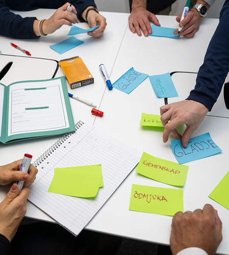 Planering på ett bord med post-it-lappar.