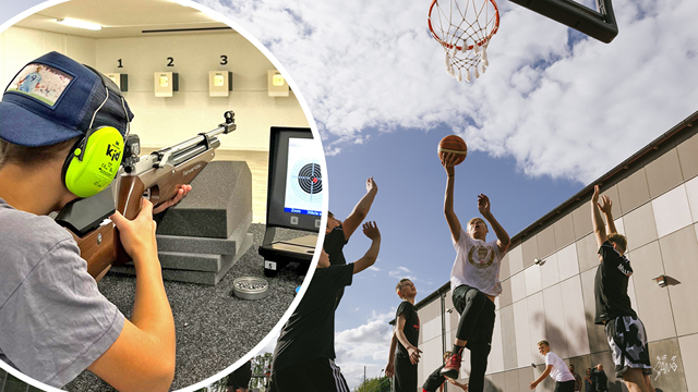Kille som spelar basket och en som utövar skyttesport.